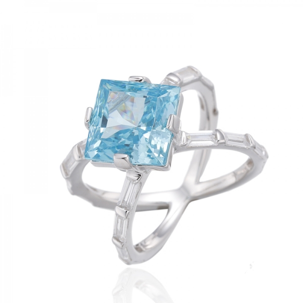 Square Paraiba And Baguette White Cubic Zircon Rhodium Silver Ring 