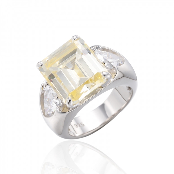 Emerald Cut Diamond Yellow And Pear Shape White Cubic Zircon Rhodium Silver Ring 