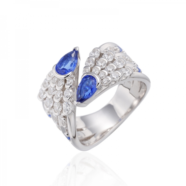 Pear Shape Blue Nano And Round White Cubic Zircon Rhodium Silver Ring 