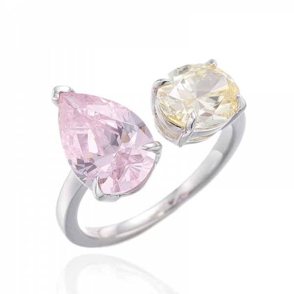 Pear Shape Diamond Pink And Oval Shape Diamond Yellow Cubic Zircon Rhodium Silver Open Ring 
