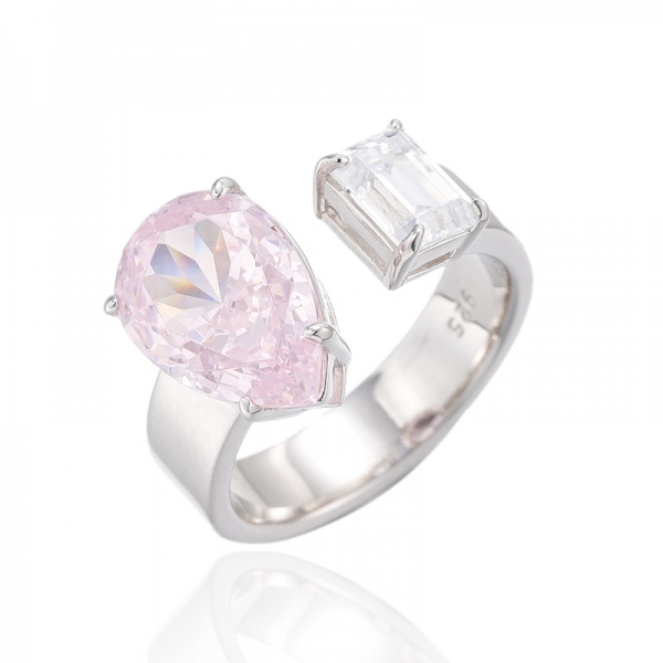 Pear Shape Diamond Pink And Emerald White Cubic Zircon Rhodium Silver Open Ring 