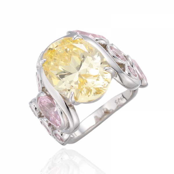 Oval Shape Diamond Yellow And Diamond Pink Cubic Zircon Rhodium Silver Ring 