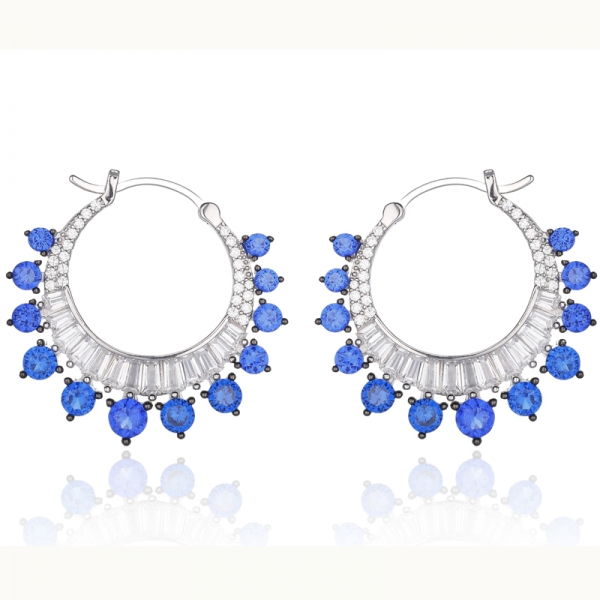 Round Blue Nano And White Cubic Zircon Silver Earring With Rhodium And Black Gold Plating 