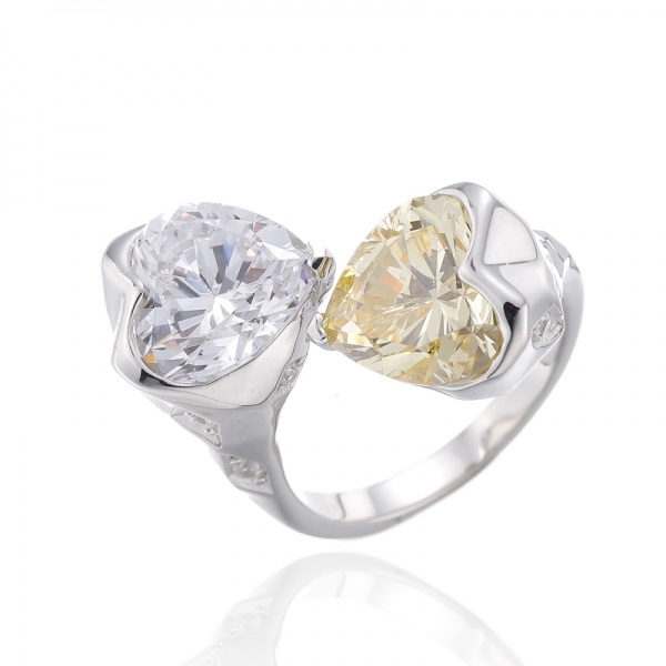 Heart Shape Morganite Nano And Round White Cubic Zircon Rhodium Silver Ring 