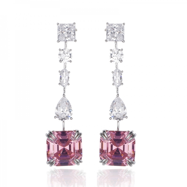 Asscher Diamond Pink And White Cubic Zircon Rhodium Silver Earring 