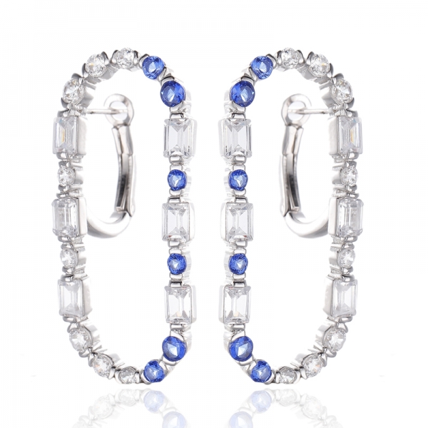Round Blue Nano And White Cubic Zircon Rhodium Silver Earring 