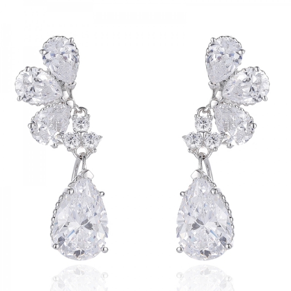 Pear Shape Blue Nano And Round White Cubic Zircon Rhodium Silver Earring 
