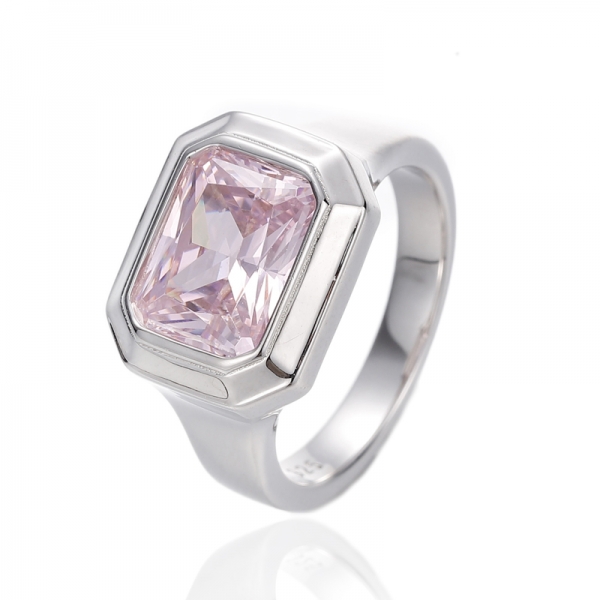 Emerald Diamond Pink Cubic Zircon Rhodium Silver Ring 