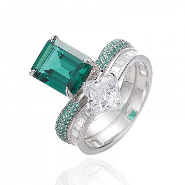 Emerald Cut Green Nano And White Cubic Zircon Rhodium Silver Ring 