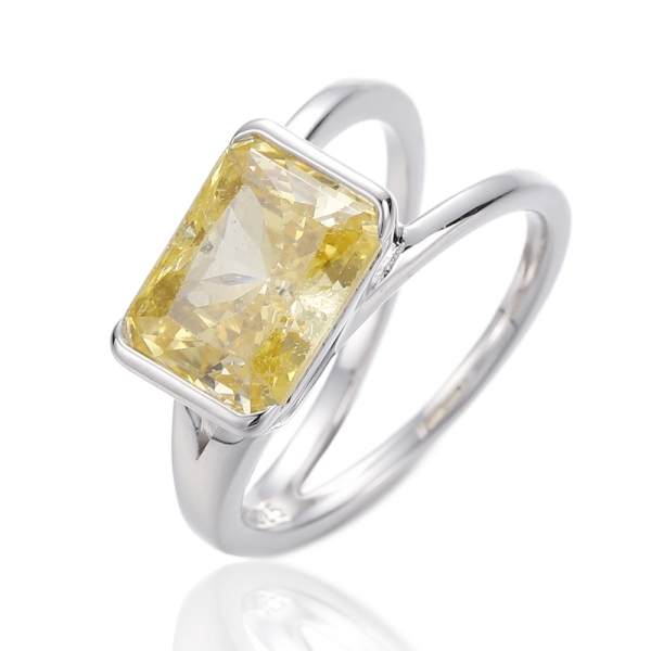 Emerald Diamond Yellow Cubic Zircon Rhodium Silver Ring 