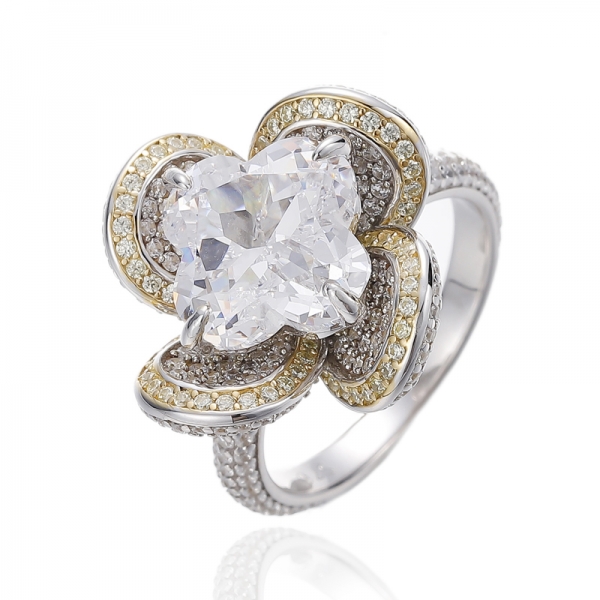 925 Flower Shape White And Round Golden Cubic Zircon Silver Ring With Rhodium And Gold Plating 