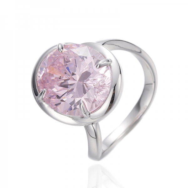 Oval Shape Diamond Pink Cubic Zircon Rhodium Silver Ring 