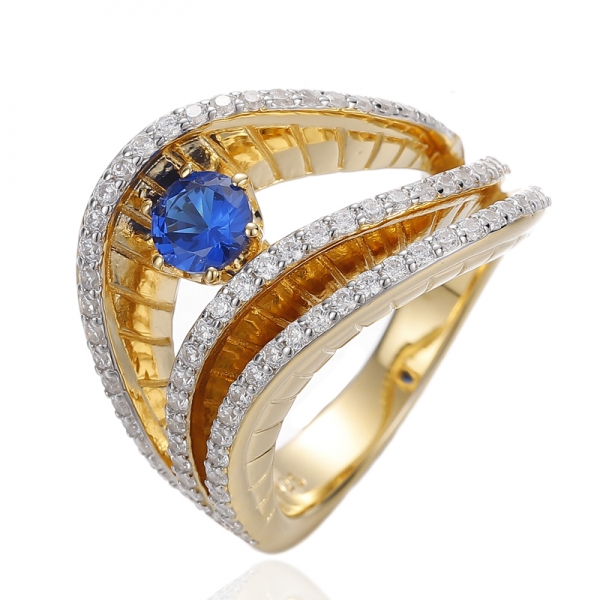 Round Blue Nano And White Cubic Zircon Silver Ring With Gold Plating 