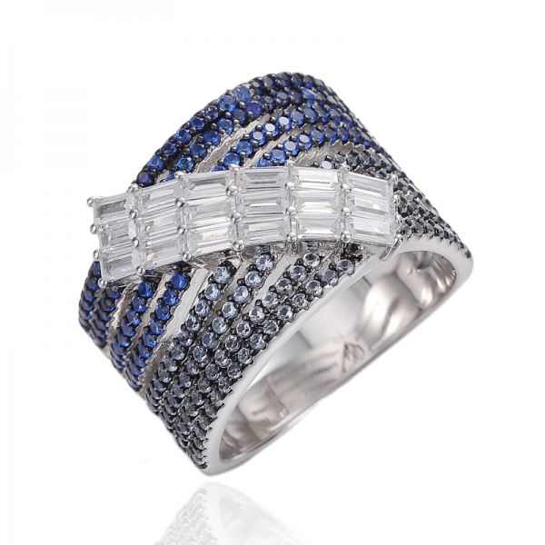 Round Blue Nano And White Cubic Zircon Silver Ring With Rhodium And Black Gold Plating 