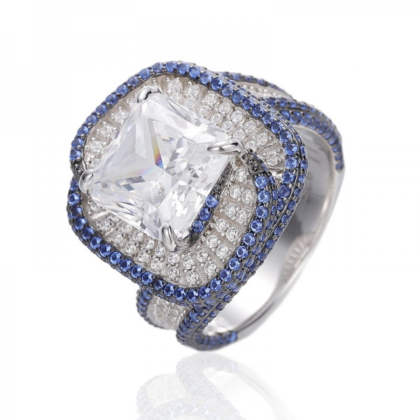 Octagon White Cubic Zircon And Round Blue Nano Silver Ring With Rhodium And Black Gold Plating 