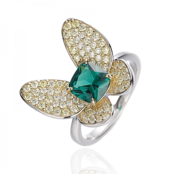 925 Cushion Green Nano And Round Golden Cubic Zircon Silver Ring With Rhodium And Gold Plating 