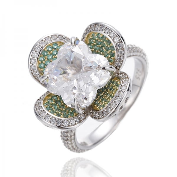 Flower Shape White Cubic Zircon And Round Green Nano Silver Ring With Rhodium And Gold Plating 