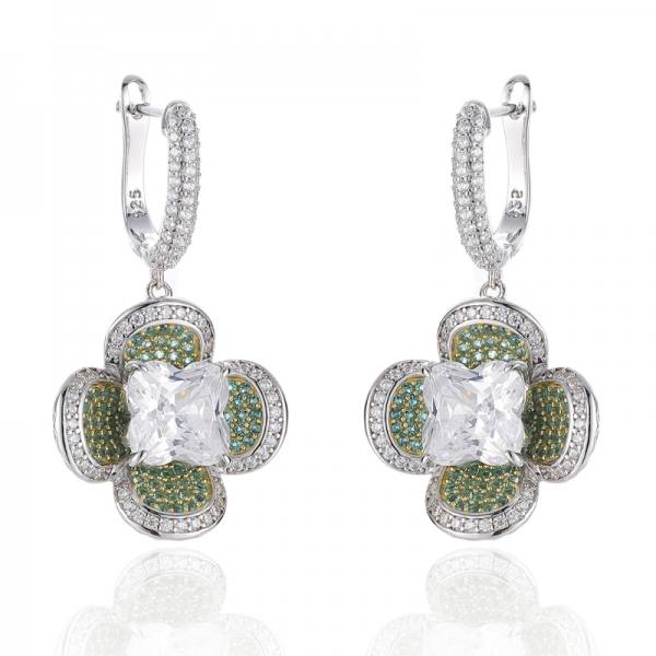 Flower Shape White Cubic Zircon And Round Green Nano Silver Earring With Rhodium And Gold Plating 