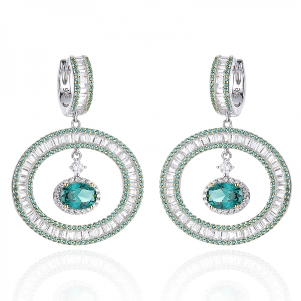 Oval Shape Green Nano And White Cubic Zircon Silver Earring With Rhodium And Glod Plating 