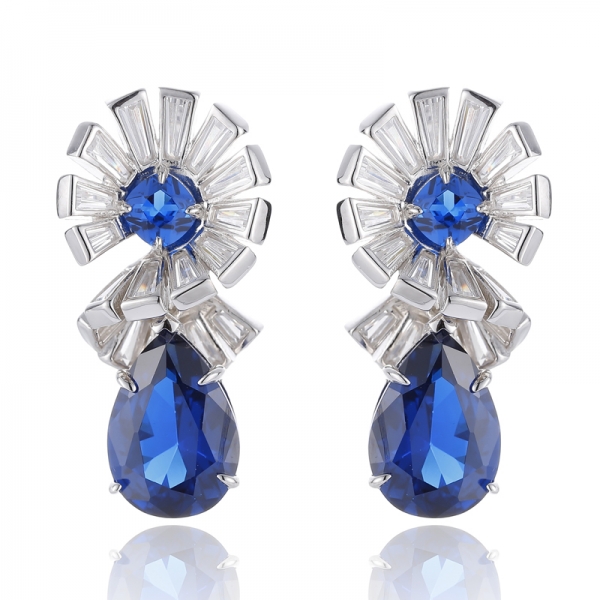 Pear Shape Blue Nano And Tapered White Cubic Zircon Rhodium Silver Earring 