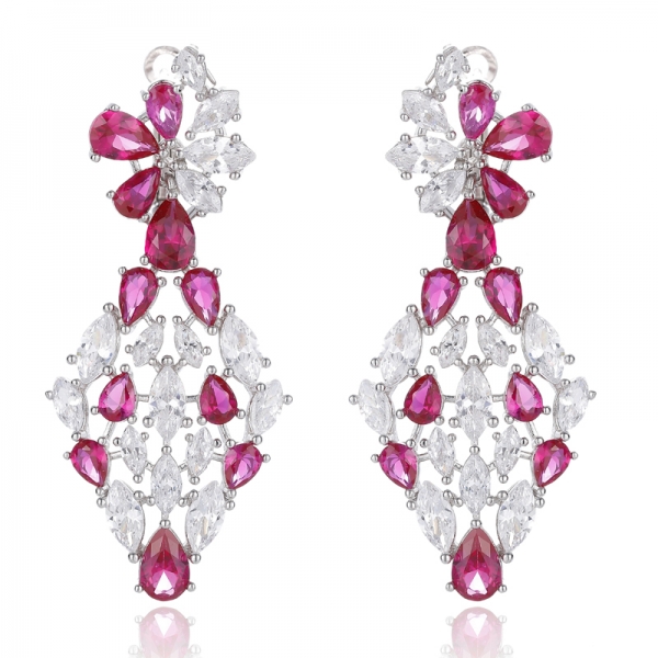 Pear Shape Red Corundum And Marquise White Cubic Zircon Rhodium Silver Earring 