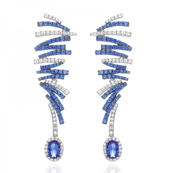 Oval Shape Blue Nano And Round White Cubic Zircon Silver Earring With Rhodium And Black Glod Plating 