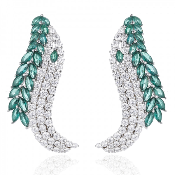 Marquise Green Nano And Round White Cubic Zircon Rhodium Silver Earring 