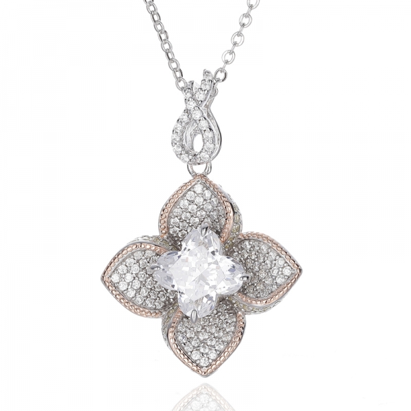 Flower Shape White And Round Golden Cubic Zircon Silver Pendant With Rhodium And Rose Gold Plating 