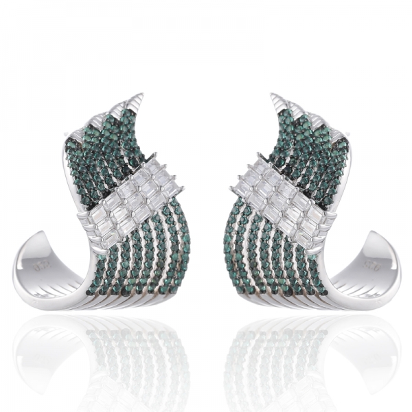 Round Green Nano And Baguette White Cubic Zircon Silver Earring With Rhodium And Black Glod Plating 