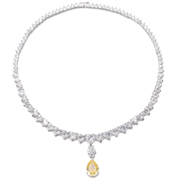 Pear Shape Diamond Yellow And Heart Shape White Cubic Zircon Rhodium Silver Necklace 