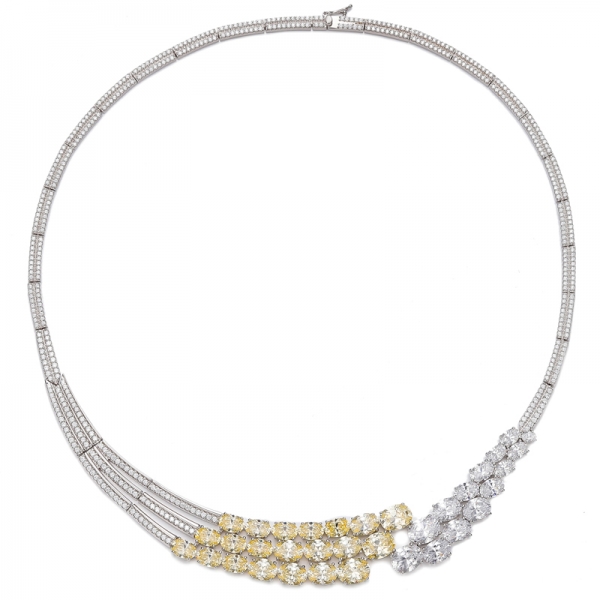 Oval Shape Diamond Yellow And White Cubic Zircon Rhodium Silver Necklace 