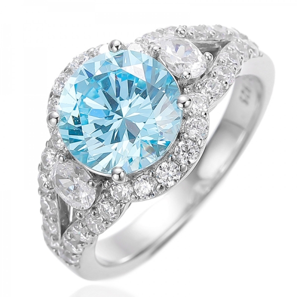 Round Sky Blue And White Cubic Zircon Rhodium Silver Ring 