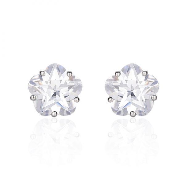 Flower Shape White Cubic Zircon Rhodium Silver Earring 