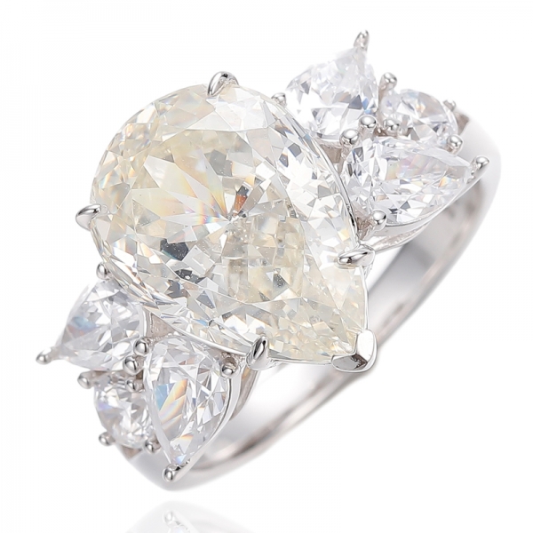 Pear Shape Diamond G Color And White Cubic Zircon Rhodium Silver Ring 