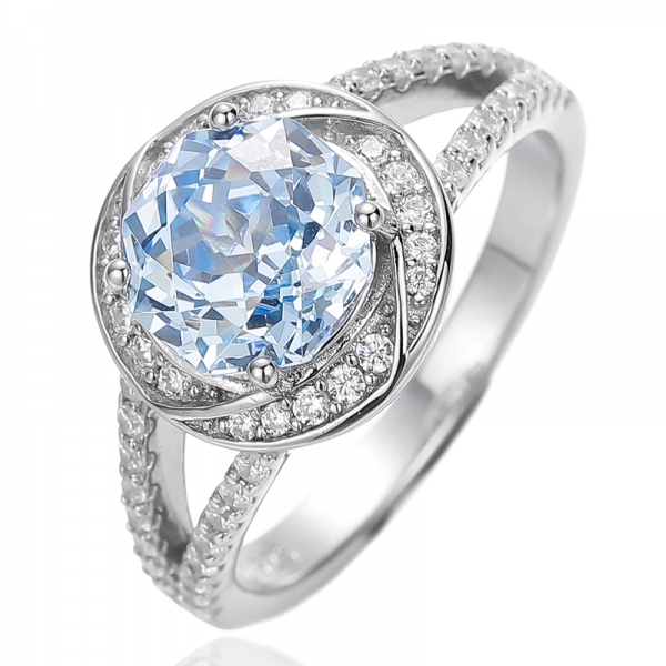Octagon Diamond Blue And Round White Cubic Zircon Rhodium Silver Ring 