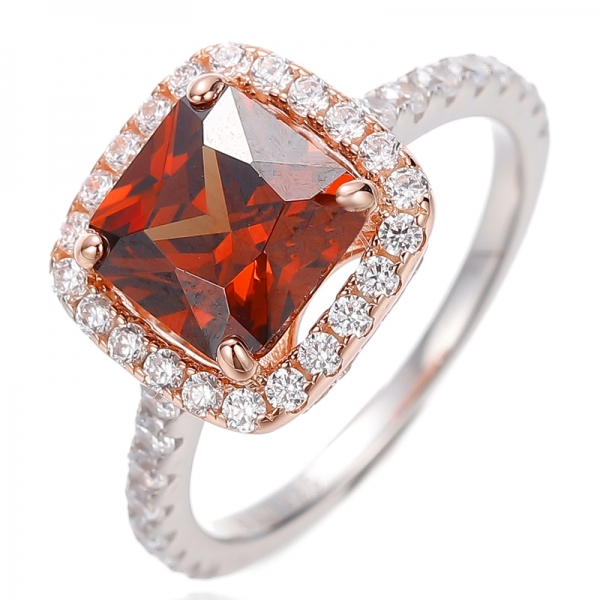 Octagon Mocha And Round White Cubic Zircon Silver Ring With Rhodium And Rose Gold Plating 