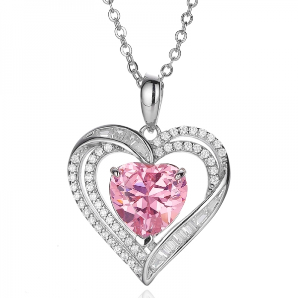Heart Shape Diamond Pink And White Cubic Zircon Rhodium Silver Pendant 