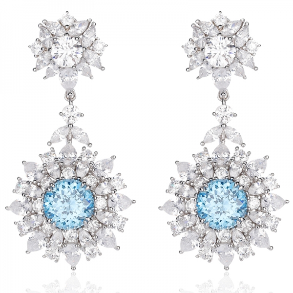 Round Diamond Blue And White Cubic Zircon Rhodium Silver Earring 