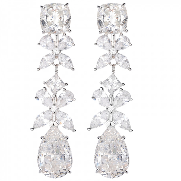 Pear Shape Diamond G Color And White Cubic Zircon Rhodium Silver Earring 