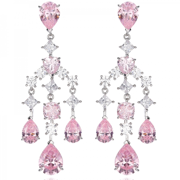 Pear Shape Diamond Pink And White Cubic Zircon Rhodium Silver Earring 