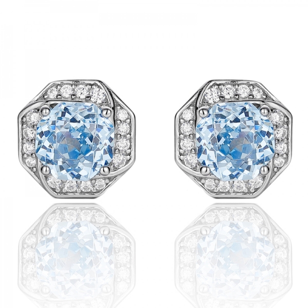 Octagon Diamond Blue And Round White Cubic Zircon Rhodium Silver Earring 