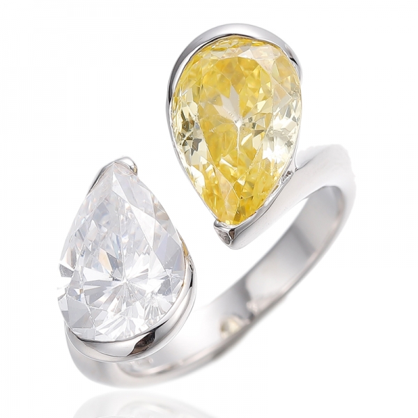 Pear Shape Diamond Yellow And White Cubic Zircon Rhodium Silver Open Ring 