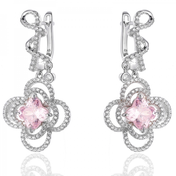 Flower Shape Diamond Pink And Round White Cubic Zircon Rhodium Silver Earring 