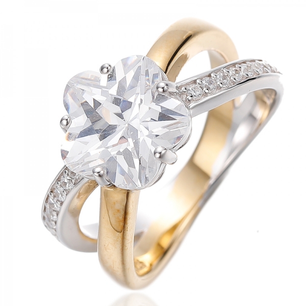 Flower Shape And Round White Cubic Zircon Silver Ring With Rhodium And Gold Plating 