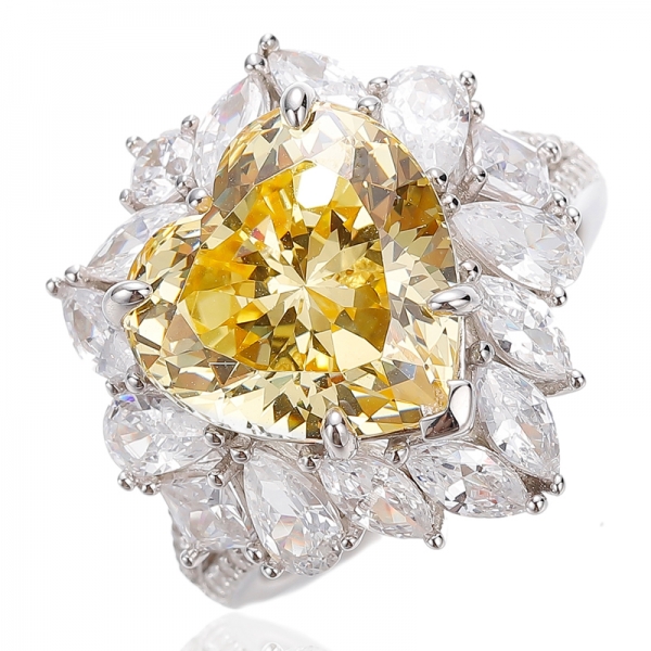 Heart Shape Diamond Yellow And White Cubic Zircon Rhodium Silver Ring 