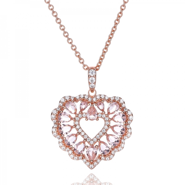 925 Pear Shape Morganite Nano And Round White Cubic Zircon Silver Pendant With Rose Gold Plating 