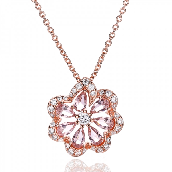 Pear Shape Pink And Round White Cubic Zircon Silver Pendant With Rose Glod Plating 