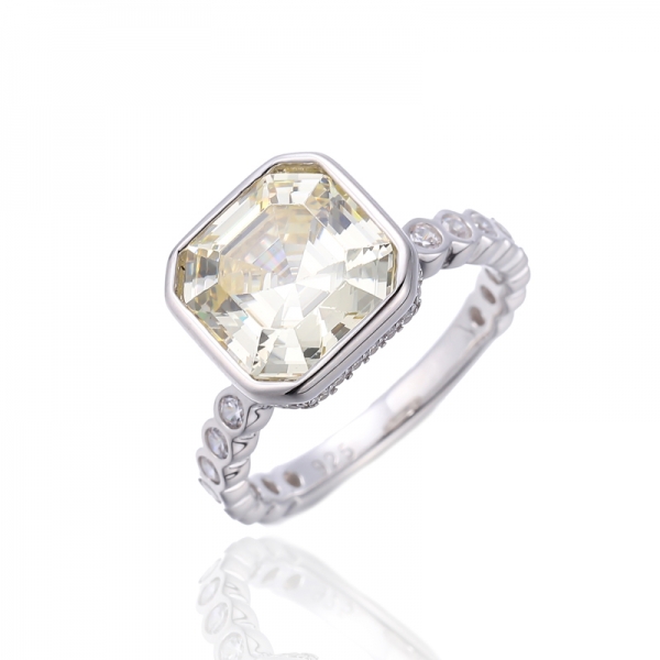 Asscher Canary And Round White Cubic Zircon Rhodium Silver Ring 