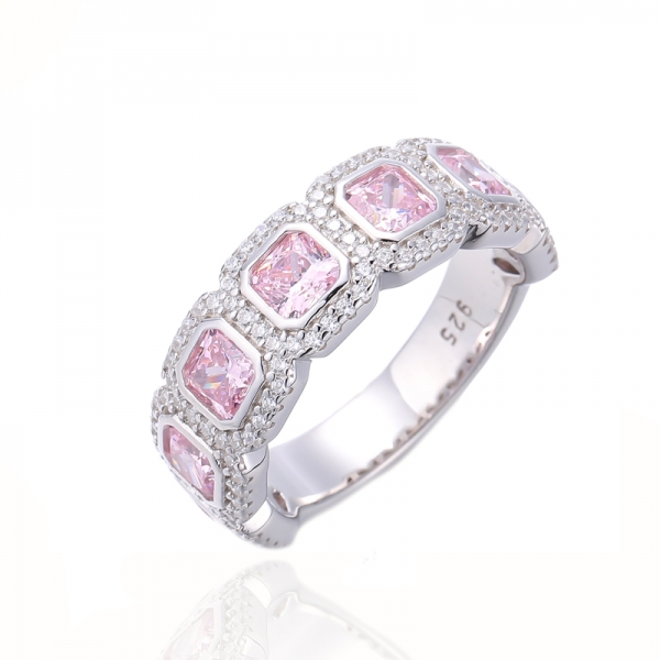 Octagon Diamond Pink And Round White Cubic Zircon Rhodium Silver Ring 