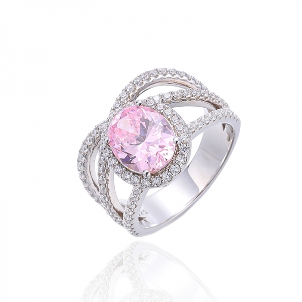 Oval Shape Diamond Pink And Round White Cubic Zircon Rhodium Silver Ring 